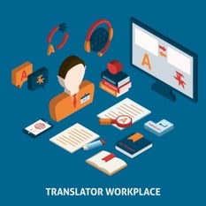 Translator workplace isometric icons composition with computer dictionaries and mobile electronic devices
